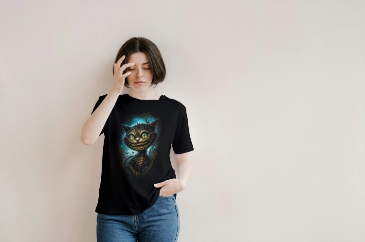 Czarna koszulka damska z Kotem z Cheshire w stylu dark fantasy, złotymi oczami i turkusową poświatą