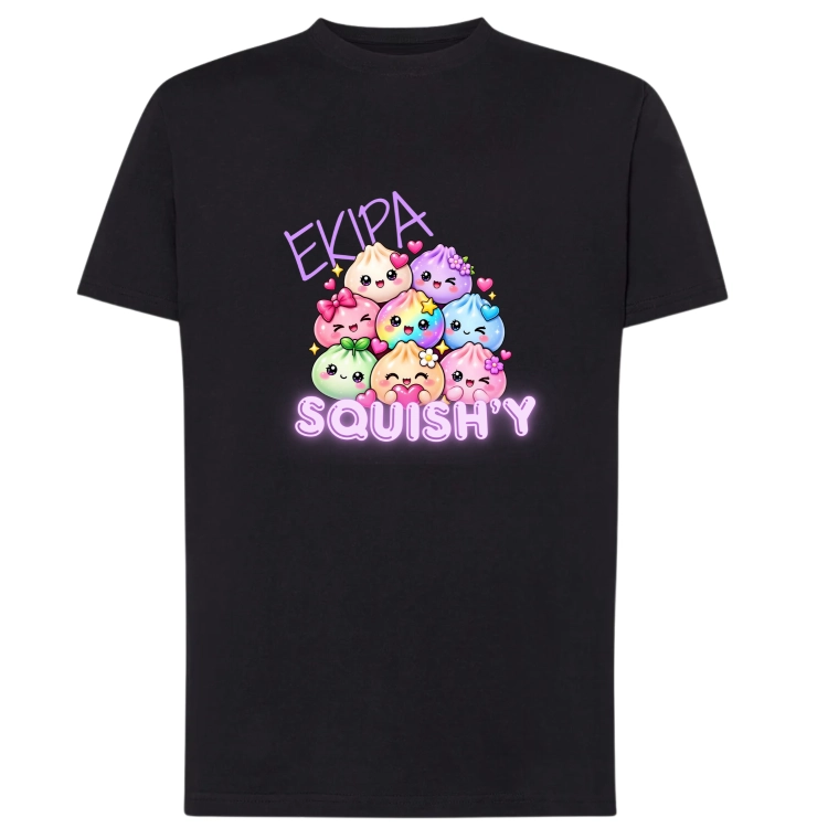 Czarna koszulka dziecięca Ekipa Squishy z siedmioma pastelowymi stworkami kawaii i fioletowym napisem SQUISH'Y