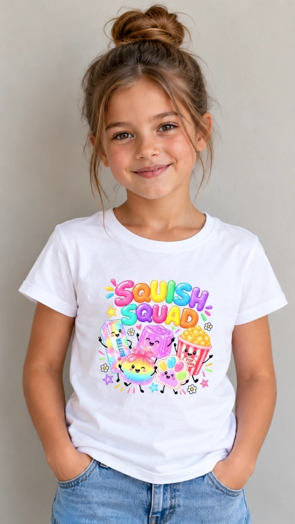 Koszulka dziecięca Squish Squad z kolorowymi gniotkami squishy w stylu kawaii – tęczowy nadruk dla dzieci