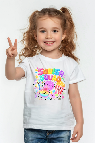 Koszulka dziecięca Squish Squad z kolorowymi gniotkami squishy w stylu kawaii – tęczowy nadruk dla dzieci