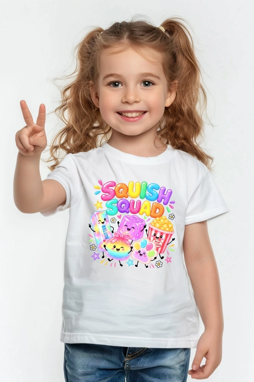 Koszulka dziecięca Squish Squad z kolorowymi gniotkami squishy w stylu kawaii – tęczowy nadruk dla dzieci