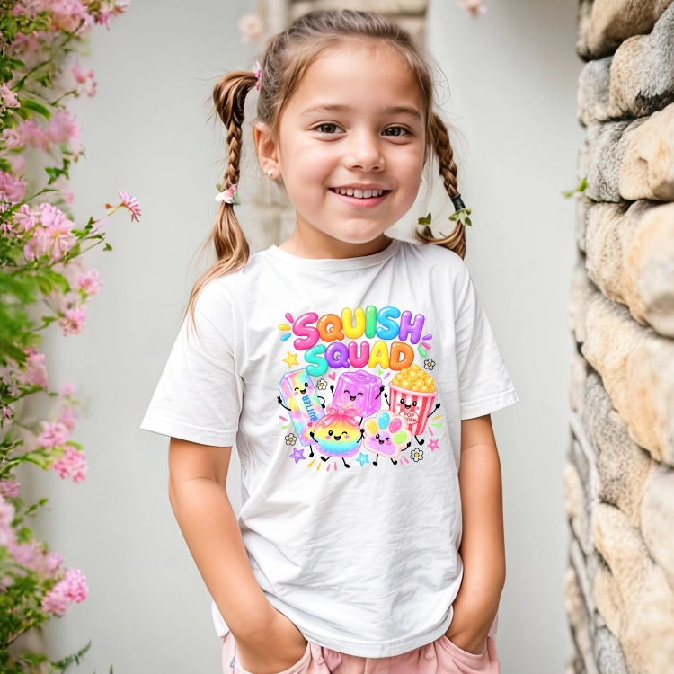 Koszulka dziecięca Squish Squad z kolorowymi gniotkami squishy w stylu kawaii – tęczowy nadruk dla dzieci