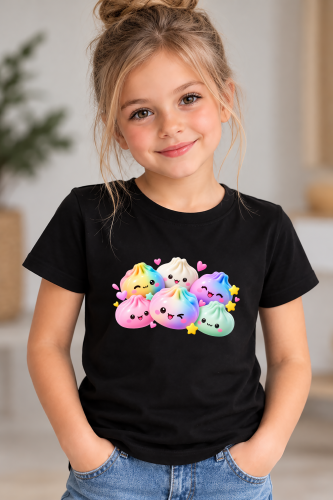 Koszulka dziecięca z kolorowymi gniotkami Dumpling – pastelowe pierożki kawaii z uroczymi minkami