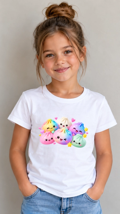 Koszulka dziecięca z kolorowymi gniotkami Dumpling – pastelowe pierożki kawaii z uroczymi minkami