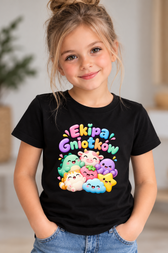 Koszulka dziecięca Ekipa Gniotków z kolorowym nadrukiem kawaii przedstawiającym urocze gniotki, zwierzątka i pastelowe postacie