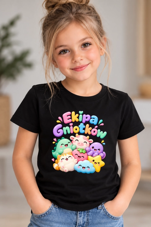 Koszulka dziecięca Ekipa Gniotków z kolorowym nadrukiem kawaii przedstawiającym urocze gniotki, zwierzątka i pastelowe postacie