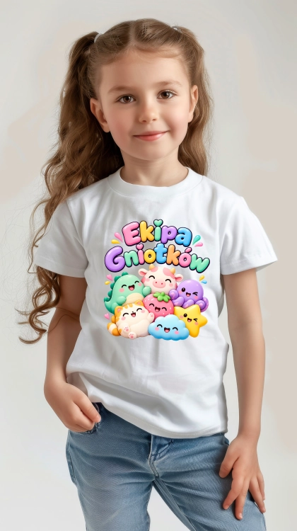 Koszulka dziecięca Ekipa Gniotków z kolorowym nadrukiem kawaii przedstawiającym urocze gniotki, zwierzątka i pastelowe postacie